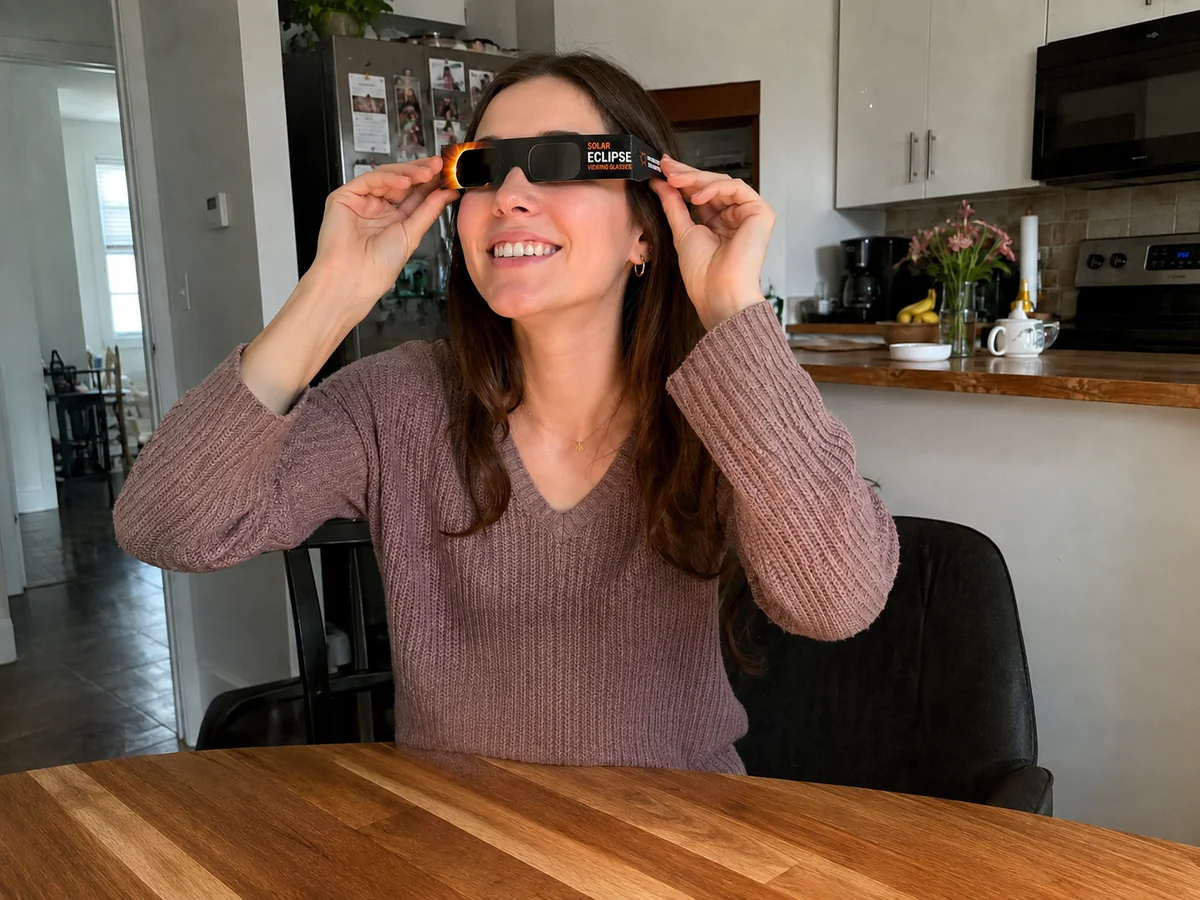 Sarah M. portant des lunettes d’éclipse solaire